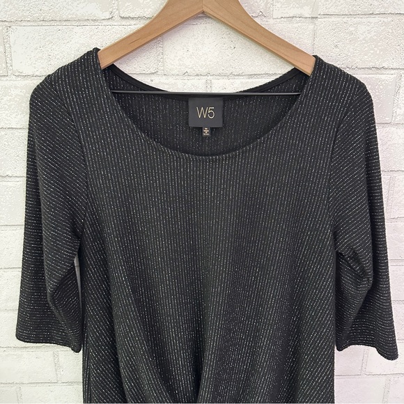 W5 Black Metallic 3/4 Sleeve Tie Front Top - Picture 2 of 11